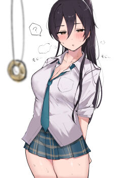 1girl black_hair blush breasts breath cleavage coin coin_on_string hair_between_eyes high_ponytail highres holed_coin hypnosis idolmaster idolmaster_shiny_colors kobinbin large_breasts loose_necktie medium_breasts mind_control miniskirt necktie pendulum plaid_clothes plaid_skirt pleated_skirt ponytail school_uniform shirase_sakuya skirt solo sweat thighs yellow_eyes