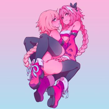 Rule 34 | 1boy, 1girl, ass, astolfo (fate), blonde hair, blue eyes, bottomless, bow, braid, braided ponytail, butt crack, detached sleeves, dress, fate/grand order, fate (series), fur trim, hair bow, hej 510, hug, jeanne d'arc (fate), leg lock, looking at viewer, looking back, nude, pink eyes, pink hair, santa costume, santa dress, simple background, skindentation, thighhighs, trap, trap on female