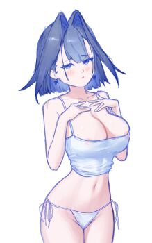absurdres areola_slip blue_eyes blue_hair bobsta01 breasts cleavage collarbone covered_navel crop_top hair_intakes highres hololive hololive_english looking_at_viewer medium_hair midriff navel nipples ouro_kronii panties side-tie_panties underwear virtual_youtuber