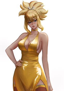 1girl artist_name bare_shoulders blonde_hair blue_eyes breasts brysukun choker cleavage cleavage_cutout clothing_cutout collarbone dr._stone dress fingernails fluffy_hair hand_on_own_hip high_ponytail highres kohaku_(dr._stone) large_breasts lips lipstick long_hair looking_at_viewer makeup pink_lips ponytail raised_eyebrows realistic rope shiny_clothes side_slit sideboob sidelocks simple_background sleeveless sleeveless_dress solo spiked_hair thighhighs twitter_username white_background white_rope yellow_choker yellow_dress