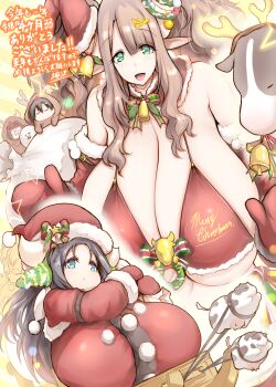 2025 2boys 2girls animal_costume bikini black_hair blue_eyes breasts brown_hair cow cow_girl cow_horns eyelashes gigantic_breasts green_eyes hat horns huge_breasts japanese_text looking_at_viewer multiple_boys multiple_girls open_mouth original pale_skin reindeer_costume santa_bikini santa_costume santa_hat smile translation_request tsukasawa_takamatsu