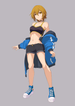 1girl absurdres black_camisole black_shorts blonde_hair blue_jacket blue_shoes breasts brown_collar camisole collar commentary_request converse crop_top crop_top_overhang highres jacket kiritachi_kuu kuthird346 narrow_waist navel off_shoulder original shoes short_shorts shorts skinny small_breasts sneakers two-sided_fabric two-sided_jacket yellow_eyes