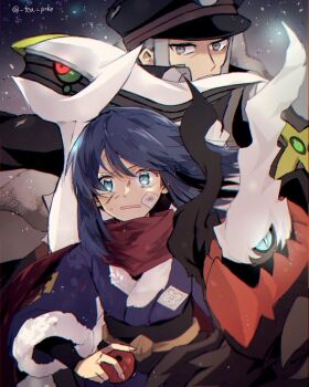 1boy 1girl akari_(pokemon) arceus bandage_on_face bandages behind_another black_coat black_hair black_hat black_sash blue_eyes blue_kimono blue_sclera coat colored_sclera darkrai dirty dirty_face galaxy_expedition_team_survey_corps_uniform gen_4_pokemon grey_eyes hakugei_(pixiv24061075) hat hisuian_poke_ball holding holding_poke_ball ingo_(pokemon) injury japanese_clothes kimono legendary_pokemon looking_ahead looking_at_viewer mythical_pokemon night night_sky nintendo open_mouth outdoors poke_ball pokemon pokemon_(creature) pokemon_legends:_arceus red_scarf sash scarf shirt_under_shirt sky star_(sky) starry_sky turning_head wind