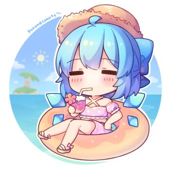 1girl ahoge artist_name bikini blue_bow blue_hair blush bow brown_hat brown_sandals chibi chibi_only cirno closed_eyes coa_(chroo_x) collarbone commentary_request criss-cross_halter cup day drink drinking_straw full_body hair_bow halterneck hat holding holding_cup ice ice_wings innertube ocean outdoors outline pink_bikini polka_dot polka_dot_bikini sandals short_hair sitting solo straw_hat sun_hat swim_ring swimsuit touhou white_outline wings