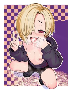 1girl 911servis barbell_piercing bike_shorts black_shorts blonde_hair blush cameltoe cum cum_in_mouth cum_on_tongue ear_piercing earrings flat_chest hair_over_one_eye hood hood_down hoodie idolmaster jacket jewelry loli long_sleeves looking_at_viewer nipple_piercing nipples off_shoulder open_mouth piercing red_eyes shirasaka_koume shoes short_hair shorts smile solo squatting sweat teeth tongue tongue_out tongue_piercing v