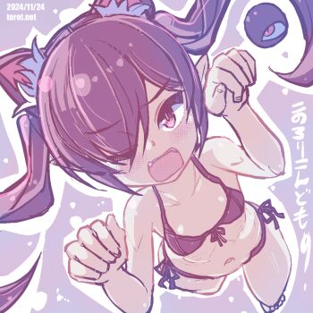 1girl ;o animal_ear_fluff animal_ears backbeako_(torotei) backbeard barefoot bikini black_bikini blush breasts cat_ears collarbone commentary dated dated_commentary dutch_angle fangs from_above front-tie_bikini_top front-tie_top gegege_no_kitarou hair_over_one_eye hands_up kemonomimi_mode kono_lolicon_domome loli long_hair looking_at_viewer navel one_eye_closed open_mouth original paid_reward_available paw_pose pointy_ears ribs side-tie_bikini_bottom simple_background small_breasts solo swimsuit torotei translated twintails watermark web_address