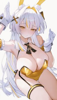 Rule 34 | 1girl, absurdres, animal ear fluff, animal ears, arm garter, arm up, armpits, arrow hair ornament, bare shoulders, black survival, blush, bow, breasts, cleavage, detached collar, eternal return: black survival, fake animal ears, garter straps, gloves, hair bow, hair intakes, hair ornament, hand up, highleg, highleg leotard, highres, large breasts, leotard, long hair, looking at viewer, minami rio, minami rio (winning shot), mmlyno, multicolored hair, official alternate costume, parted lips, playboy bunny, rabbit ears, side-tie leotard, simple background, single garter strap, sitting, solo, spade (shape), strapless, strapless leotard, streaked hair, thigh strap, thighs, white background, white gloves, white hair, wrist cuffs, yellow eyes, yellow leotard