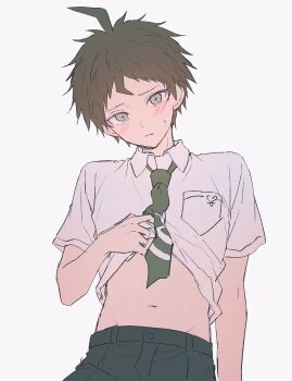 Rule 34 | 1boy, absurdres, arm at side, black pants, blush, bone, brown hair, clothes lift, danganronpa (series), danganronpa 2: goodbye despair, embarrassed, green eyes, green necktie, groin, hand up, head tilt, highres, hinata hajime, looking at viewer, male focus, navel, necktie, no symbol, pants, shirt lift, short hair, short sleeves, simple background, solo, sslloowwll, stomach, sweat, white background