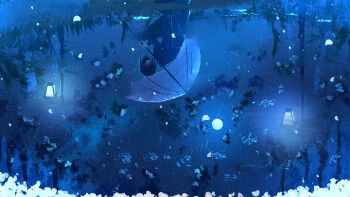 1girl absurdres black_hair black_shirt blue_theme commentary_request falling_petals full_moon highres holding holding_umbrella lamppost long_sleeves moon night original outdoors petals puddle rain reflection reflection_focus reflective_liquid scenery shirt short_hair sinsyou_sketcher sky solo star_(sky) starry_sky umbrella upside-down water white_petals