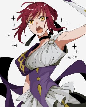 1girl ahoge akaisi894 ancient_greek_clothes black_choker black_ribbon character_name choker commentary_request fate/strange_fake fate_(series) floating_hair goddess_of_war_(fate) greco-roman_clothes hair_between_eyes hair_ribbon highres hippolyta_(fate) holding holding_weapon open_mouth red_hair ribbon short_hair simple_background sleeveless solo teeth upper_teeth_only weapon white_background yellow_eyes