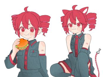 1girl :t ahoge animal_ears arm_tattoo bare_shoulders blush blush_stickers burger cat_ears closed_mouth collared_shirt detached_sleeves drill_hair eating food grey_shirt grey_skirt highres holding holding_food kasane_teto kasane_teto_(utau) kemonomimi_mode multiple_views ofo_j1 red_eyes red_hair shirt shirt_tucked_in short_hair sitting skirt sleeveless sleeveless_shirt standing tail tattoo thighhighs twin_drills utau white_background