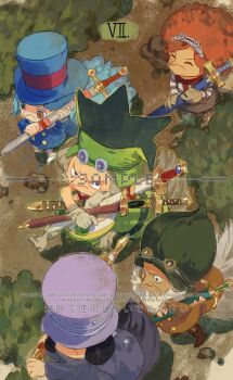 Rule 34 | 1girl, 4boys, blue hair, blue hat, chao (one piece), closed eyes, commentary, gloves, hat, highres, holding, holding sword, holding weapon, inhel, leo (one piece), looking ahead, looking at viewer, maujii (one piece), mini person, multiple boys, one piece, orange hair, pointy nose, purple hair, sample watermark, siyangou49, sword, tail, watermark, weapon, white beard, wicca (one piece)