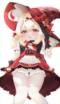 1girl absurdres black_gloves blaya_art blonde_hair bloomers bow bowtie brooch clover_brooch clover_print dress dress_bow furrowed_brow genshin_impact glove_bow gloves hair_bow hair_ribbon hand_on_headwear hat hat_bow highres jewelry klee_(blossoming_starlight)_(genshin_impact) klee_(genshin_impact) loli looking_at_viewer official_alternate_costume open_mouth pointy_ears puffy_short_sleeves puffy_sleeves red_bow red_bowtie red_eyes red_hat red_ribbon ribbon short_sleeves skindentation solo thigh_gap thighs twintails underwear vision_(genshin_impact) white_background white_bloomers