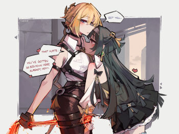 absurdres arm_strap astra_yao bare_shoulders belt black_choker border choker english_text evelyn_chevalier gloves highres implied_futanari long_hair multiple_girls open_mouth ponytail simple_background speech_bubble string teeth tight_clothes togekk0 white_border zenless_zone_zero