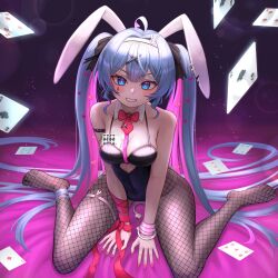 Rule 34 | 1girl, ahoge, animal ears, arm strap, arm support, bare shoulders, bdsm, black leotard, black ribbon, blue eyes, blue hair, blush, breasts, breasts squeezed together, card, center-flap bangs, chest harness, clothing cutout, colored inner hair, commentary, cuffs, cutout above navel, detached collar, double-parted bangs, fake animal ears, fishnet pantyhose, fishnet thighhighs, fishnets, full body, glowing, glowing eyes, grin, hair ornament, hair ribbon, hairband, handcuffs, harness, hatsune miku, heart, heart cutout, heart hair ornament, highres, leotard, long hair, looking at viewer, medium breasts, multicolored hair, nail polish, necktie, no shoes, o-ring, o-ring thigh strap, pantyhose, pink hair, playboy bunny, playing card, rabbit ears, rabbit hole (vocaloid), red nails, red necktie, red pupils, ribbon, ruraji, short necktie, sitting, smile, solo, thigh strap, thighhighs, twintails, v arms, very long hair, vocaloid, wariza, white hairband, wing collar, wrist ribbon, x hair ornament