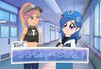 2girls blonde_hair blue_hair female_focus hat multicolored_hair multiple_girls nerdaler pink_hair saiko_bichitaru school school_uniform smg4 tari_(smg4)