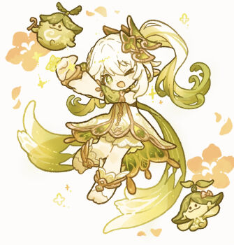 >_o 1girl ;d aranara_(genshin_impact) bare_shoulders bloomers blush_stickers commentary_request cross-shaped_pupils detached_sleeves dress full_body genshin_impact gradient_hair green_dress green_eyes green_hair green_sleeves hair_ornament harukui highres leaf_hair_ornament long_hair looking_at_viewer multicolored_hair nahida_(genshin_impact) one_eye_closed open_mouth outstretched_arms pointy_ears short_sleeves side_ponytail simple_background sleeveless sleeveless_dress smile solo stirrup_footwear symbol-shaped_pupils two-tone_hair underwear white_background white_bloomers