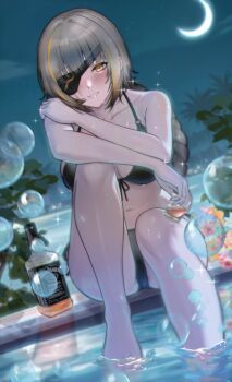 1girl air_bubble alcohol art_undertaker bare_arms bikini blonde_streaks blush braid breasts brown_hair brown_streaks bubble cleavage crescent_moon cup drinking_glass eyepatch front-tie_bikini_top front-tie_top girls'_frontline glass_bottle highres holding holding_cup knee_up large_breasts long_hair looking_at_viewer low-braided_long_hair low-tied_long_hair m16a1_(girls'_frontline) moon navel night o-ring o-ring_bikini o-ring_top poolside scar scar_across_eye scar_on_face sky smile solo sparkle sparkling_aura stomach swimsuit thighs whiskey