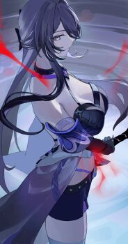 1girl absurdres acheron_(honkai:_star_rail) bare_shoulders belt black_belt black_choker black_shorts breasts choker cleavage coat coattails commentary cowboy_shot diamond-shaped_pupils diamond_(shape) from_side hair_ornament highres holding holding_sword holding_weapon honkai:_star_rail honkai_(series) large_breasts looking_at_viewer profile purple_eyes roena shorts solo standing sword symbol-shaped_pupils weapon white_coat