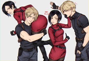 1boy 1girl absurdres ada_wong ass belt black_gloves black_hair blonde_hair blue_shirt blush breasts carrying_over_shoulder chest_harness closed_mouth commentary covering_another's_mouth dress english_commentary english_text fingerless_gloves flying_sweatdrops gloves grey_background hand_on_another's_mouth harness height_difference highres kirtome leon_s._kennedy long_sleeves multiple_views notice_lines pantyhose parted_lips red_dress red_sweater resident_evil resident_evil_4 resident_evil_4_(remake) ribbed_sweater shirt short_hair short_sleeves sweater sweater_dress turtleneck turtleneck_sweater