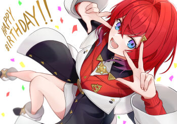 1girl ange_katrina ange_katrina_(1st_costume) ankle_boots black_coat blue_eyes blurry boots cardigan coat colored_tips commentary_request confetti crossed_bangs depth_of_field dicotyle_dons double_w dress english_text from_above full_body gradient_eyes hair_between_eyes hair_ornament hands_up happy_birthday light_blush long_sleeves looking_at_viewer looking_up medium_hair multicolored_eyes multicolored_hair nijisanji off_shoulder open_mouth purple_eyes purple_hair red_cardigan red_hair short_dress solo teeth triangle_hair_ornament virtual_youtuber w white_background white_dress