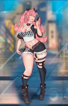 1girl 2024 absurdres artist_name belt_buckle black_boots black_hair black_shorts black_sleeves blunt_bangs blurry blurry_background boots bow buckle cellphone city closed_mouth clothes_writing commentary contrapposto cropped_jacket denim denim_shorts depth_of_field detached_sleeves english_commentary eyebrows_hidden_by_hair female_focus full_body hair_bow hands_on_own_hips highres holding holding_phone long_hair midriff mole mole_under_eye multicolored_hair navel nicole_demara nicole_demara_(cosplay) o-ring open_fly phone pink_eyes pink_nails popped_collar selfie shirt shorts single_thighhigh skindentation sleeve_cuffs sleeveless sleeveless_jacket smartphone smile solo strap strapless streaked_hair thick_thighs thighhighs thighs torn_clothes torn_thighhighs tube_top twintails white_shirt zefirix zenless_zone_zero