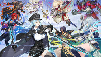 1other 2boys 5girls absurdres ahoge armor battle black_cape black_coat black_dress black_gloves black_hair black_hat black_pants black_shirt black_thighhighs blonde_hair blue_eyes blue_hair blue_necktie bodysuit borrowed_character bracelet breastplate breasts brown_eyes cape claws cleavage coat collared_shirt commission dark-skinned_male dark_skin diawl_(shadowverse:_worlds_beyond) dreizehn_(shadowverse) dress dual_wielding earrings esperanza_(shadowverse) framed_breasts galan_(shadowverse:_world's_beyond) gas_mask gloves green_cape grey_eyes grey_hair grey_shirt gun handgun hat highres holding holding_gun holding_polearm holding_staff holding_sword holding_weapon hoop_earrings horns jewelry kaori_yuihara large_breasts long_hair long_sleeves lovesign_(shadowverse:_world's_beyond) magic marie_malisse_(shadowverse:_worlds_beyond) mask monster multiple_boys multiple_girls mytea_(soso) navel necktie open_clothes open_coat original pants pauldrons peaked_cap pink_eyes polearm purple_eyes purple_hair red-tinted_eyewear red_hair respirator round_eyewear shadowverse shadowverse:_worlds_beyond shirt short_hair shoulder_armor single_pauldron single_vambrace skeb_commission skirt staff sword thighhighs tinted_eyewear vambraces weapon white_bodysuit white_dress white_gloves white_shirt white_skirt