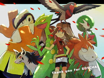 1girl bag bandana bike_shorts bike_shorts_under_skirt bird brown_eyes brown_hair camerupt clenched_hands closed_mouth commentary_request falling_petals fanny_pack gardevoir gen_3_pokemon gloves hand_on_own_hip hand_up hariyama light_smile looking_at_viewer may_(pokemon) medium_hair mightyena nintendo petals pokemon pokemon_(creature) pokemon_rse popcorn_91 red_bandana red_eyes red_shirt sceptile shirt short_sleeves skirt swellow white_skirt yellow_bag