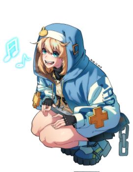 1boy androgyne_symbol artist_name black_bow black_gloves blonde_hair blue_eyes blue_hoodie blue_jacket bow bridget_(guilty_gear) chain commentary corrupted_twitter_file cross dated fingerless_gloves gloves guilty_gear guilty_gear_strive hair_between_eyes hashtag-only_commentary highres hilih_0107 hood hoodie jacket male_focus medium_hair music musical_note oversized_object pleated_skirt shaded_face simple_background singing skirt squatting thighs tiptoes trap white_background