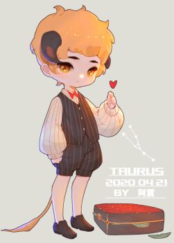 1boy :< artist_name banknote black_footwear black_pants black_vest bow bowtie brown_horns case chibi cow_horns cow_tail dated finger_heart full_body grey_background hand_up heart highres horns long_sleeves looking_at_viewer money orange_eyes orange_hair original pants puffy_long_sleeves puffy_pants puffy_sleeves red_bow red_bowtie shirt short_hair solo standing striped_clothes striped_pants striped_shirt striped_vest tail taurus_(constellation) taurus_(zodiac) vertical-striped_clothes vertical-striped_pants vertical-striped_shirt vertical-striped_vest vest white_shirt yi_er_san zodiac