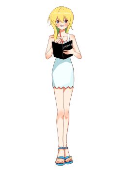 1girl :d bare_shoulders blonde_hair blue_eyes collarbone death_note death_note_(object) dress full_body hair_between_eyes highres holding holding_notebook kingdom_hearts looking_at_viewer namine notebook open_mouth sandals sleeveless sleeveless_dress smile solo standing white_background white_dress yomyompi