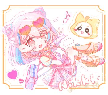 1girl absurdres animal arm_warmers bag blush_stickers braid cat checkered_clothes checkered_dress chibi chinese_commentary clothed_animal commentary_request commission cone_hair_bun copyright_name dot_nose dotted_line double_bun dress ear_covers eyelashes eyes_visible_through_hair eyewear_on_head frilled_dress frills gradient-tinted_eyewear hair_bun happy head_only heart heart-shaped_eyewear highres hood hood_up infinity_nikki leg_warmers loafers looking_at_viewer medium_hair momo_(nikki) multicolored_hair musical_note nikki_(series) open_mouth orange-tinted_eyewear outside_border outstretched_arm overall_skirt overalls picture_frame pink-tinted_eyewear pink_arm_warmers pink_bag pink_dress pink_eyes pink_hair pink_overalls pink_shoes pleated_dress sample_watermark shirt shoes short_dress shoulder_bag side_braids simple_background sitting smile spoken_musical_note star-shaped_bag streaked_hair sunglasses sweet_rhapsody_(infinity_nikki) t-shirt tinted_eyewear twin_braids watermark white_background white_cat y2k_fashion yejiangsangsangsangsang yellow-framed_eyewear yellow_hood yellow_leg_warmers yellow_shirt