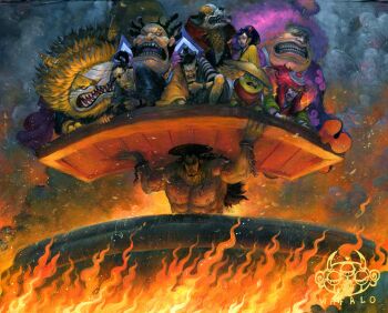 6+boys acrylic_paint_(medium) angry animal_ears artist_logo artist_name ashura_doji bandage_over_one_eye bandages black_hair black_kimono boiling carrying carrying_multiple_people carrying_person cat_boy cat_ears cat_tail chonmage clenched_teeth cooking_pot crying cuffs curly_hair denjirou_(one_piece) dog_boy dog_ears fire fish_boy floral_print floral_print_kimono hair_ribbon hat high_ponytail inuarashi_(one_piece) japanese_clothes kurozumi_kanjuro kawamatsu kikunojo_(one_piece) kimono kinemon large_tail lifting_person logo long_hair mane multiple_boys muscular muscular_male nekomamushi one_piece open_mouth orange_hair orange_kimono painting_(medium) pink_hair plank ponytail print_kimono purple_kimono raizo_(one_piece) red_hair red_ribbon ribbon rice_hat shackles short_hair sideburns smoke striped_clothes striped_kimono sunglasses tail teeth topknot traditional_media wafalo yellow_kimono