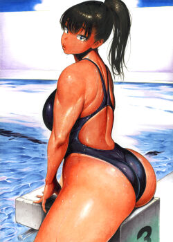 1girl arm_support ass back bare_shoulders black_eyes black_hair competition_swimsuit dark-skinned_female dark_skin hair_between_eyes huge_ass leaning_forward lips looking_at_viewer looking_back medium_hair one-piece_swimsuit original ponytail pool ripples solo straddling swimsuit water wet youshu_ohepe
