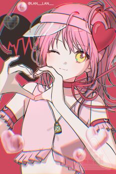 Rule 34 | 1girl, amulet heart, armlet, choker, chromatic aberration, commentary request, heart, heart hands, hinamori amu, humpty lock (shugo chara!), jewelry, korean commentary, lan lan, looking at viewer, magical girl, one eye closed, pink background, pink hair, ribbon choker, shugo chara!, side ponytail, sidelocks, smile, solo, twitter username, upper body, visor cap, yellow eyes