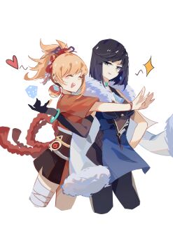 2girls absurdres arms_up bandaged_leg bandages black_gloves blue_hair bracelet chinese_clothes chinese_commentary choker closed_eyes closed_mouth dice earrings elbow_gloves floating formal_clothes friends fur-trimmed_jacket fur_trim genshin_impact gloves gradient_hair green_eyes hair_between_eyes hair_up hand_on_own_hip heart high_ponytail highres jacket japanese_clothes jewelry leaning_on_person leaning_to_the_side light_blush long_sleeves looking_to_the_side multicolored_hair multiple_boys multiple_girls open_mouth orange_hair ponytail red_rope rope shade short_hair short_sleeves shuoruoranxing simple_background single_earring standing suit swept_bangs teeth upper_body upper_teeth_only vision_(genshin_impact) white_background white_fur white_jacket wide_sleeves yelan_(genshin_impact) yoimiya_(genshin_impact)