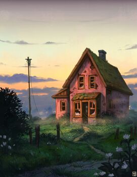 abandoned artist_logo broken_glass broken_window building bush chimney cloud commentary day dilapidated english_commentary evening fence flower foliage glass grass highres house logo no_humans original outdoors overgrown path plant power_lines road rooftop scenery sky utility_pole waltjan