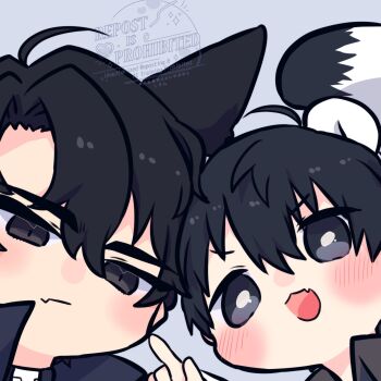 2boys :d ahoge animal_ear_request animal_ears black_coat black_eyes black_hair black_shirt cat_ears chibi chibi_only close-up coat collared_shirt english_text fang furrowed_brow hand_up height_difference highres kemonomimi_mode kim_dokja kimidori_22 looking_at_viewer male_focus multiple_boys omniscient_reader&#039;s_viewpoint open_clothes open_coat open_mouth popped_collar portrait pov shirt short_hair skin_fang smile smirk tail yoo_joonghyuk