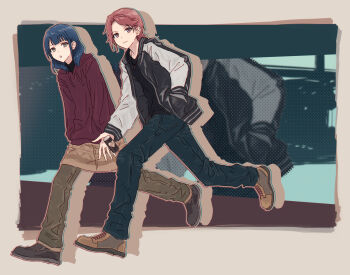 2girls black_jacket black_shoes blue_hair blue_pants breasts brown_eyes brown_pants can commentary curtained_hair drink_can hanayagi_kaoruko highres hood hoodie isurugi_futaba jacket letterman_jacket long_sleeves looking_at_viewer medium_breasts medium_hair multiple_girls open_clothes open_jacket pants parted_bangs red_hair red_hoodie running shoes shoujo_kageki_revue_starlight yukitake_(bullfalk)