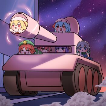 6+girls ascot bat_wings beret blonde_hair blue_eyes blue_hair blush blush_stickers bow braid demon_wings dress embodiment_of_scarlet_devil flandre_scarlet fumo_(doll) green_bow green_vest grey_hair hair_bow hat hat_ornament hat_ribbon head_wings highres hong_meiling izayoi_sakuya koakuma long_hair long_sleeves maid maid_headdress military_vehicle mob_cap motor_vehicle multiple_girls necktie night open_mouth patchouli_knowledge puffy_sleeves purple_eyes purple_hair red_eyes red_hair red_vest remilia_scarlet ribbon ribbon_trim shirt short_hair side_ponytail skirt skirt_set sky smile star_(sky) star_(symbol) star_hat_ornament starry_sky tank touhou twin_braids vest white_hat wings y75zei yellow_ascot