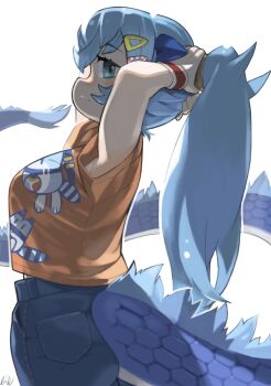 1girl adjusting_hair animal_ears blue_eyes blue_hair blue_pants casual cowboy_shot denim dragon_ears dragon_girl dragon_tail from_side hair_between_eyes hair_ornament hairclip highres jeans kemono_friends kemono_friends_3 long_hair looking_at_viewer lucky_beast_(kemono_friends) official_alternate_costume orange_shirt pants profile rinx seiryuu_(kemono_friends) shirt short_sleeves sidelocks solo t-shirt tail twintails wristband