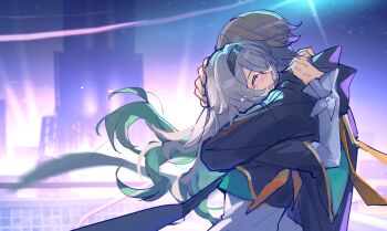 1boy 1girl black_coat black_hairband black_jacket blush building caelus_(honkai:_star_rail) closed_eyes coat commentary_request cropped_jacket crying firefly_(honkai:_star_rail) floating_hair green_hair grey_hair hairband hand_on_another's_head honkai:_star_rail honkai_(series) hood hood_down hooded_coat hug jacket long_hair minto_sakuratou multicolored_hair shirt short_hair smile tears trailblazer_(honkai:_star_rail) white_shirt
