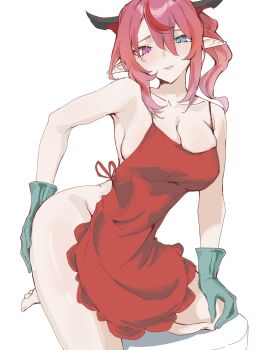 Rule 34 | 1girl, apron, black horns, blue eyes, breasts, cleavage, cowboy shot, gloves, green gloves, heterochromia, highres, hololive, hololive english, horns, irys (hololive), large breasts, multicolored hair, naked apron, pointy ears, purple eyes, purple hair, red apron, red hair, sio4 4, solo, spaghetti strap, standing, standing on one leg, streaked hair, two-tone hair, virtual youtuber