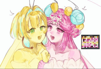 Rule 34 | 2girls, angel, angel wings, antenna hair, blonde hair, butterfly wings, colored skin, cookie run, cookie run: kingdom, eternal sugar cookie, eternal sugar cookie (blooming bringer of sloth), flipped sidelocks, flower halo, gem, harp, heart-shaped gem, humanization, insect wings, instrument, layered clothes, leotard, long eyelashes, long hair, multiple girls, pink gemstone, pink skin, shinsoo kinoko, sugarfly cookie, very long hair, wings, yellow leotard, yellow skin