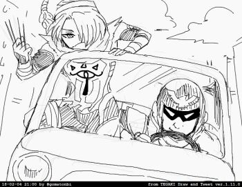 1boy 1girl 2018 arm_wrap braid braided_ponytail captain_falcon car driving f-zero facing_viewer goma_tonbi greyscale hair_over_one_eye helmet mask monochrome motor_vehicle needle nintendo sheik smile super_smash_bros. the_legend_of_zelda turban upper_body