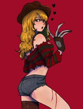 Rule 34 | 1girl, 402hamster soup, a nightmare on elm street, bishoujo terror, blonde hair, claws, commentary, denim, denim shorts, eyelashes, freddy krueger, freddy krueger (bishoujo terror), genderswap, genderswap (mtf), green eyes, heart, injury, kotobukiya bishoujo, long hair, looking at viewer, open mouth, shirt, short shorts, shorts, single thighhigh, solo, thighhighs, torn clothes, torn shirt, untranslatable commentary
