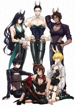 6+boys ajajasta animal_ears arthropod_limbs black_hair black_leotard black_pants blonde_hair bow brown_hair gregor_(project_moon) hair_slicked_back heathcliff_(project_moon) high_heels highres hong_lu_(project_moon) kneeling leotard limbus_company looking_at_viewer low_ponytail male_focus meursault_(project_moon) multiple_boys pants ponytail project_moon rabbit_ears red_bow see-through_clothes see-through_leotard simple_background sinclair_(project_moon) thigh_strap white_background yellow_eyes yi_sang_(project_moon)