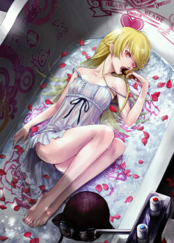 1girl araragi_koyomi bad_id bad_pixiv_id bakemonogatari bare_shoulders barefoot bathtub bee blonde_hair bug cat character_name crab donut dress female_focus food goggles heart helmet insect legs long_hair long_legs lying monkey monogatari_(series) on_back oshino_shinobu partially_submerged petals pointy_ears red_eyes rinzou_(dangan) rose_petals snail snake solo strap_slip sword unworn_headwear unworn_helmet water weapon