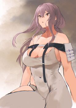 1girl :o absurdres armor bare_shoulders breasts brown_eyes cleavage clothing_cutout collarbone covered_navel goddess_of_victory:_nikke grdrawww grey_hair highres japanese_armor large_breasts leotard long_hair looking_ahead parted_lips scarlet_(nikke) shoulder_armor sode solo white_leotard