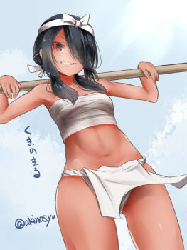 Rule 34 | 1girl, akino shuu, breasts, brown eyes, carrying over shoulder, chest sarashi, commentary request, ecchuu fundoshi, from below, grin, hair over one eye, hairband, holding, holding stick, kantai collection, kumano maru (kancolle), kumano maru kai (swimsuit) (kancolle), loincloth, looking at viewer, navel, official alternate costume, sarashi, sky, small breasts, smile, solo, stick, twitter username, white hairband